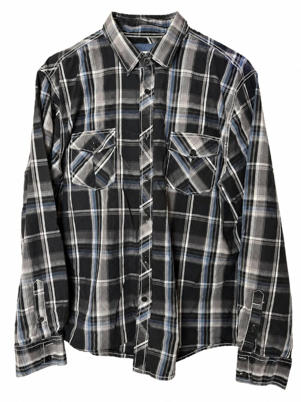Men's Black and Gray Plaid Button-Up Shirt - Classic Long Sleeve